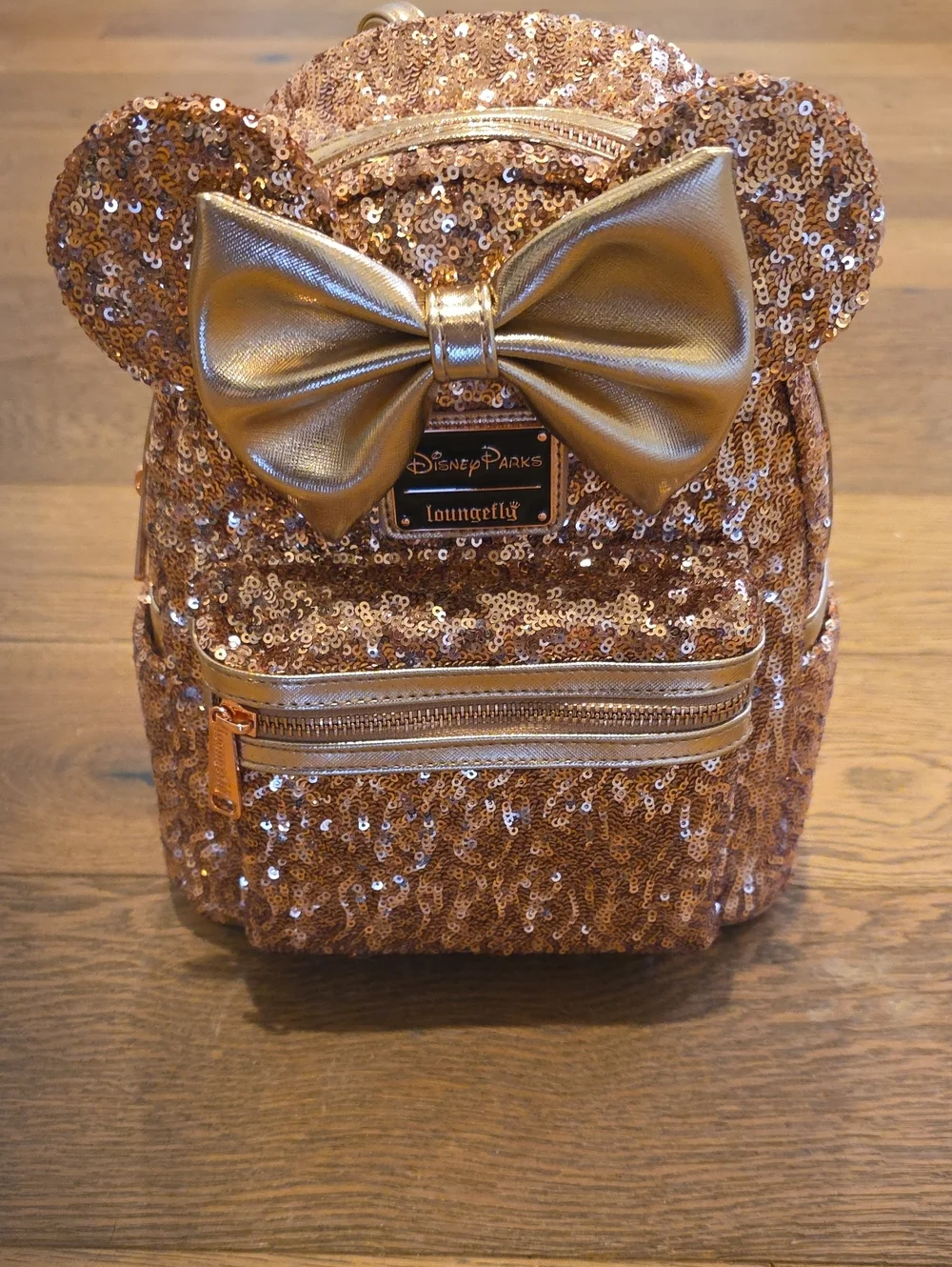 Loungefly Rose Gold Sequin Mini Backpack with Metallic Bow